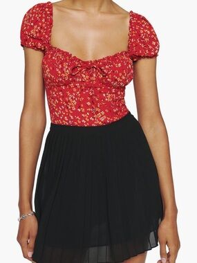 Reformation Red Floral Puff Sleeve Sweetheart Top